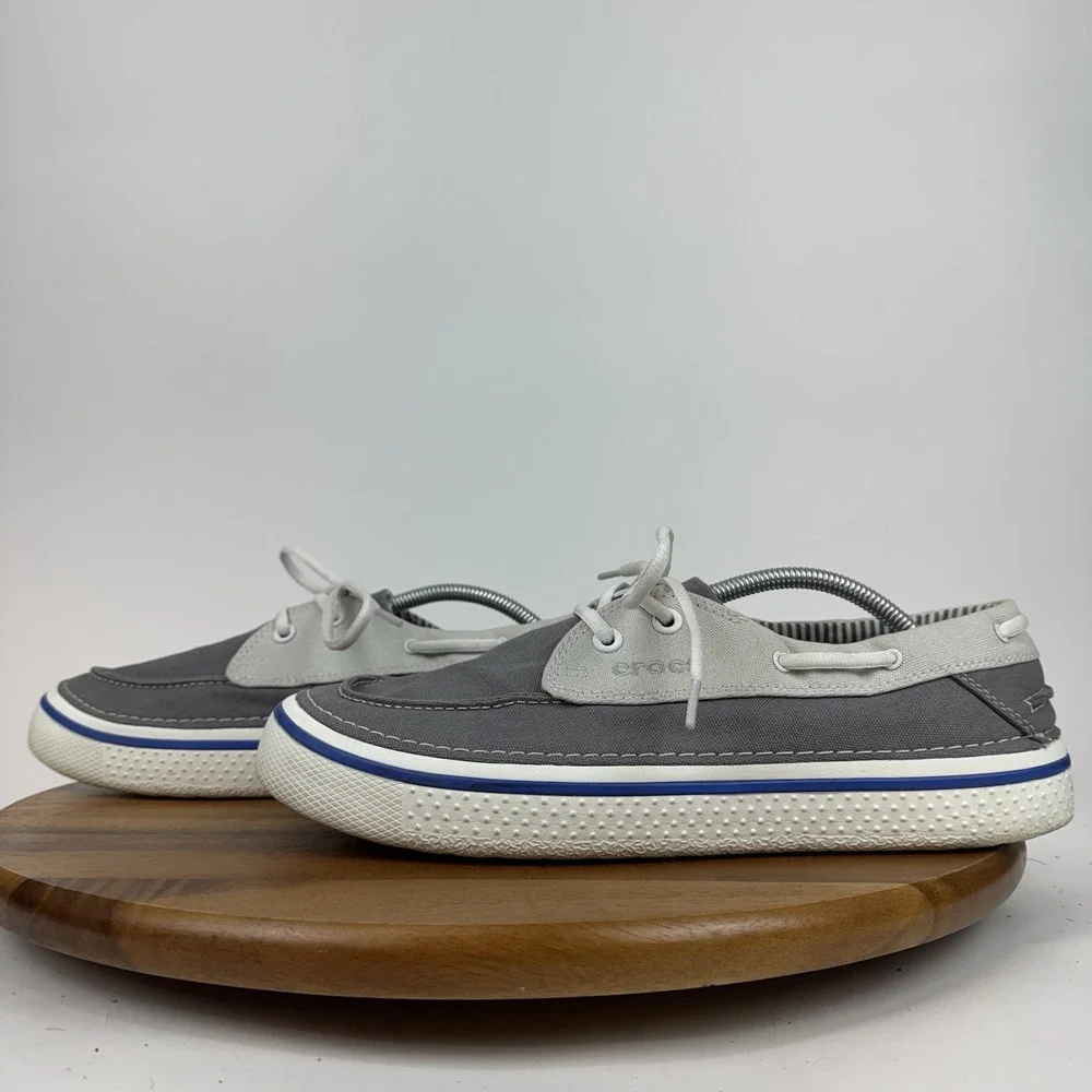 Mens‎ Crocs Hover Gray Canvas Casual Comfort Low Sneakers Boat Shoes Size 12 D